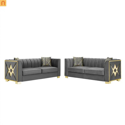 Sofa Mid-Century Velvet Gray 3-Seat Gold Hardware 81in