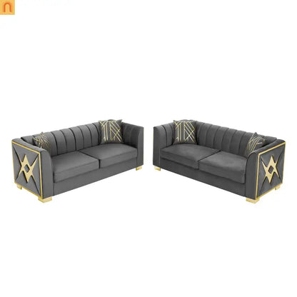 Sofa Mid-Century Velvet Gray 3-Seat Gold Hardware 81in