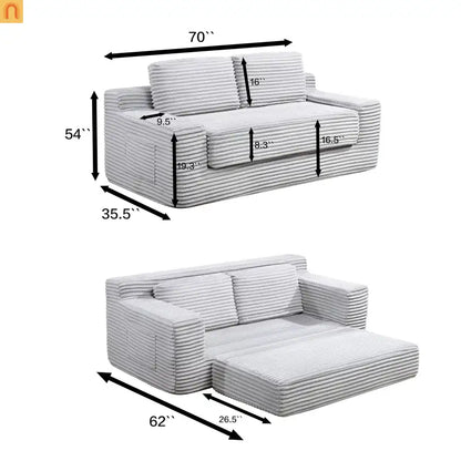 Sofa Bed Convertible Corduroy Gray 2-Seat Floor Bed 70in No Assembly