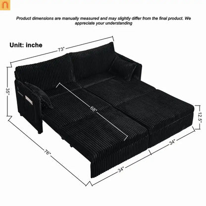Sofa Convertible Corduroy Black USB 3-in-1 600 lb