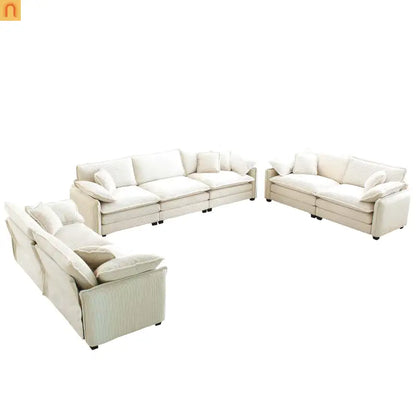 Sofa Set Deep Seat Corduroy Beige 7-Seat 3-Piece Retro Style