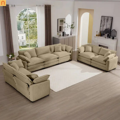 Sofa Set Corduroy Tan Deep Seat 7-Seat 2-Piece Retro Modern
