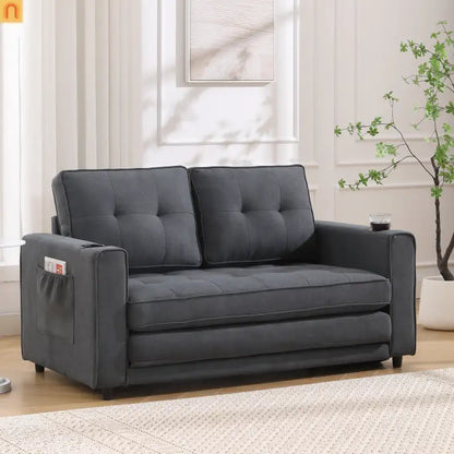Sofa Bed 3-in-1 Folding Tufted Fabric Dark Gray 55in