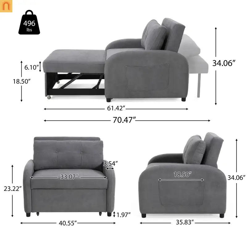 70" Gray Cotton Linen Convertible Sleeper Sofa Bed