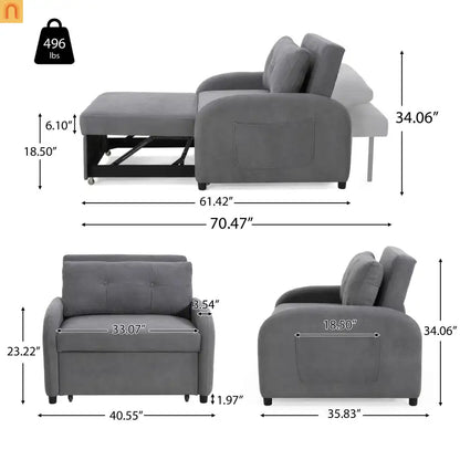 70" Gray Cotton Linen Convertible Sleeper Sofa Bed