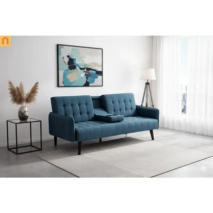 Sofa Convertible Linen Blue 72in Drop-Down Table Cup Holder 250 lb