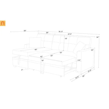 Sofa Sectional Polyester Gray Pull-Out Sleeper 76in Chaise Storage