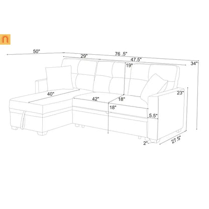 Sofa Sectional Polyester Gray Pull-Out Sleeper 76in Chaise Storage