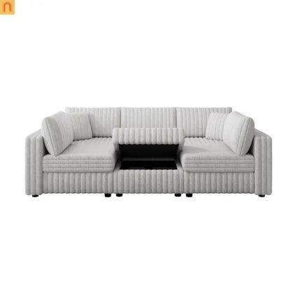 Sofa Modular Microfiber Light Gray 6-Seat Hydraulic Ottoman