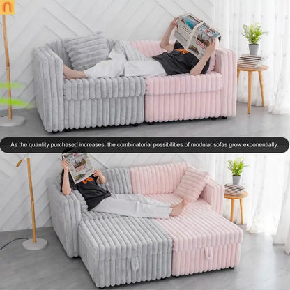 Sofa Modular Microfiber Light Gray 6-Seat Hydraulic Ottoman