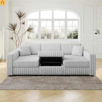 Sofa Modular Microfiber Light Gray 6-Seat Hydraulic Ottoman