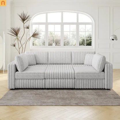 Sofa Modular Microfiber Light Gray 6-Seat Hydraulic Ottoman