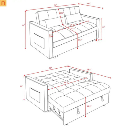 Loveseat Velvet Light Gray Sleeper 2-Seat 54in Adjustable Back