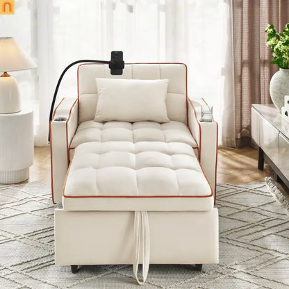 Sofa Chair Convertible Velvet Beige Pull-Out Bed USB Cup Holder