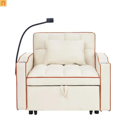 Sofa Chair Convertible Velvet Beige Pull-Out Bed USB Cup Holder