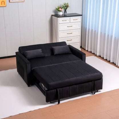 Velvet Black Pull-Out Sleeper Sofa 69in Side Pockets