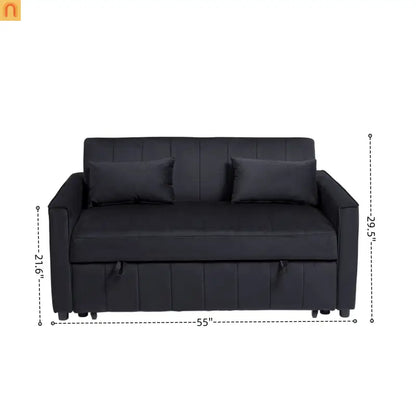 Velvet Black Pull-Out Sleeper Sofa 69in Side Pockets