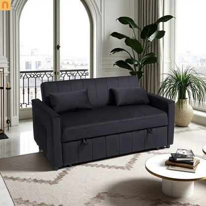 Velvet Black Pull-Out Sleeper Sofa 69in Side Pockets