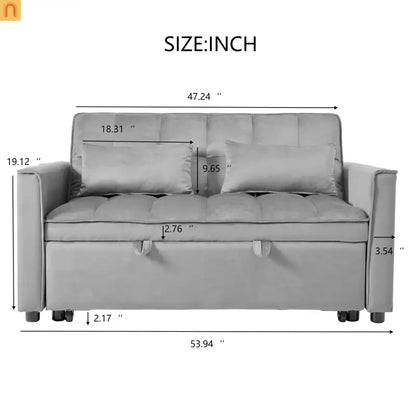 Sofa Convertible Velvet Light Gray Pull-Out Sleeper 57in Storage