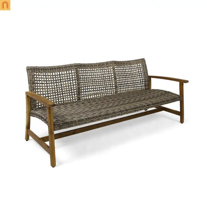 Outdoor Sofa 3-Seater Acacia Wood Wicker Natural Gray 75.5in