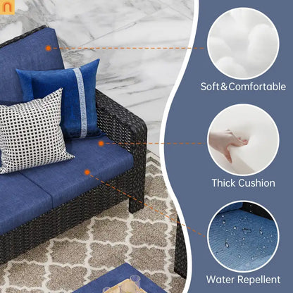 Outdoor Patio Set PE Rattan Dark Coffee Blue Cushions