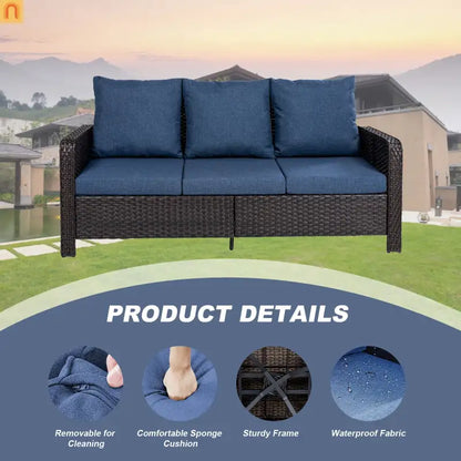 Outdoor Patio Set PE Rattan Dark Coffee Blue Cushions