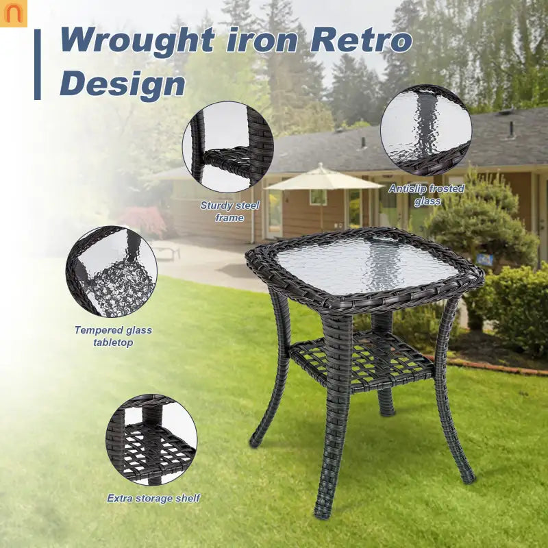 Outdoor Patio Set PE Rattan Dark Coffee Blue Cushions