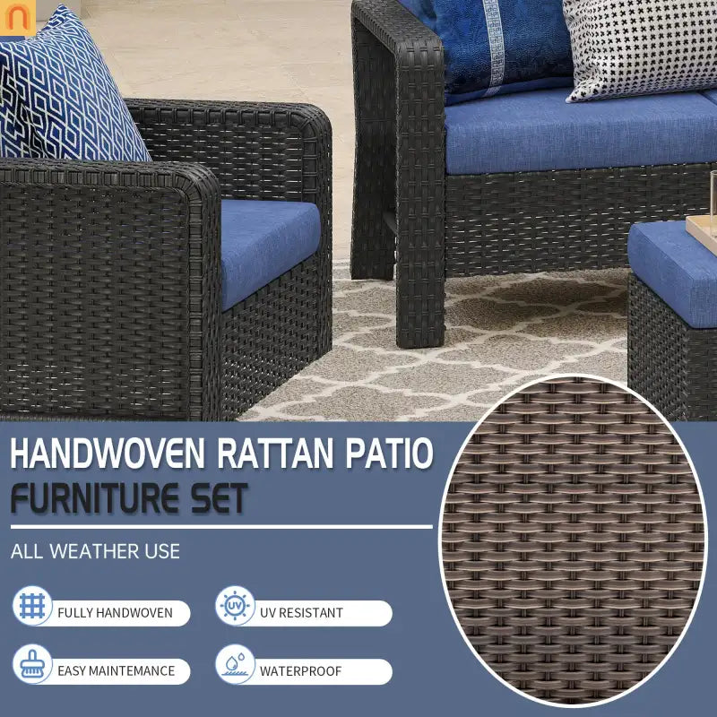 Outdoor Patio Set PE Rattan Dark Coffee Blue Cushions