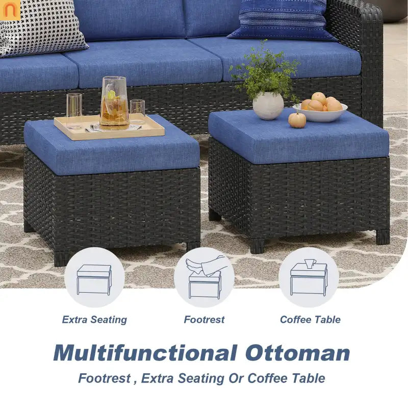 Outdoor Patio Set PE Rattan Dark Coffee Blue Cushions
