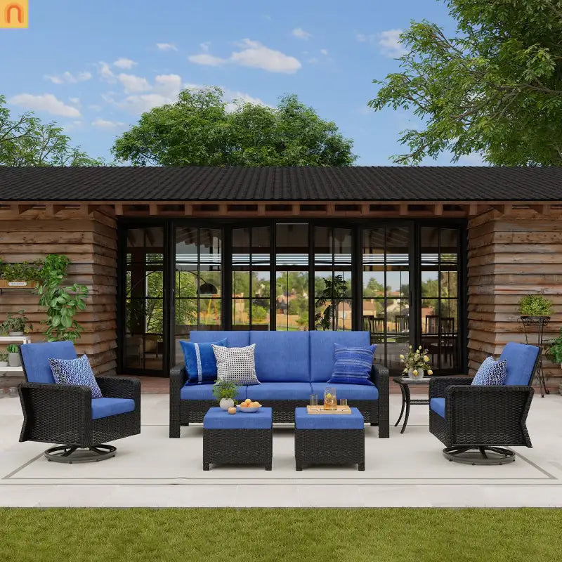 Outdoor Patio Set PE Rattan Dark Coffee Blue Cushions