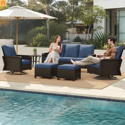 Outdoor Patio Set PE Rattan Dark Coffee Blue Cushions