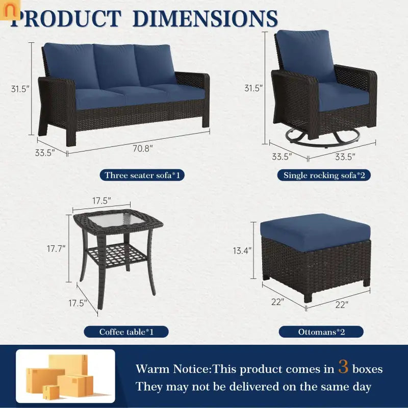 Outdoor Patio Set PE Rattan Dark Coffee Blue Cushions