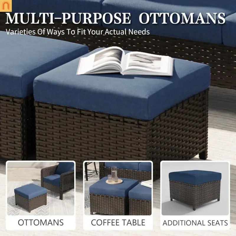 Outdoor Patio Set PE Rattan Dark Coffee Blue Cushions