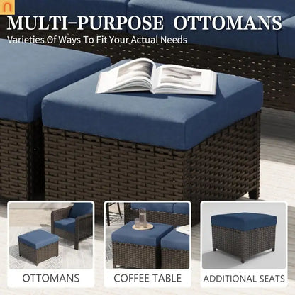 Outdoor Patio Set PE Rattan Dark Coffee Blue Cushions