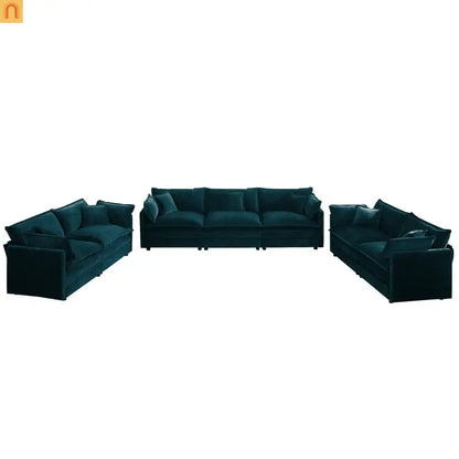 Sofa Set Modular Chenille Blue Deep Seat 7-Seat 3-Piece