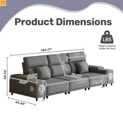 Sofa Power Recliner Light Gray Polyester Bluetooth USB 127in