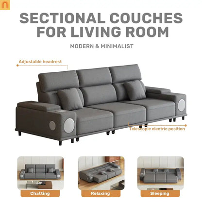 Sofa Power Recliner Light Gray Polyester Bluetooth USB 127in