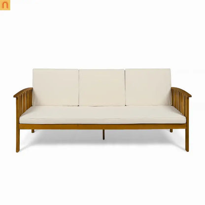 Outdoor Patio Sofa Acacia Wood Cream 3-Seater Waterproof 77.75in