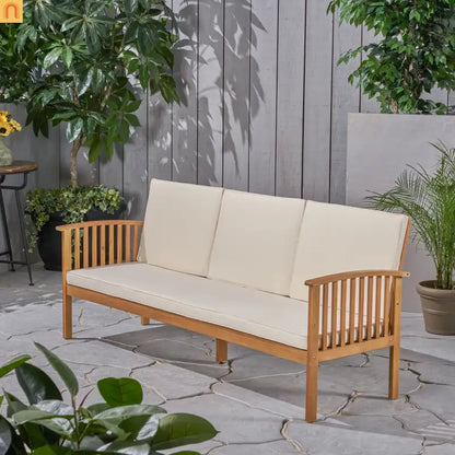Outdoor Patio Sofa Acacia Wood Cream 3-Seater Waterproof 77.75in
