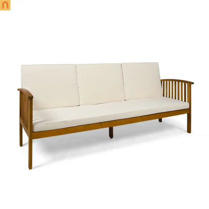 Outdoor Patio Sofa Acacia Wood Cream 3-Seater Waterproof 77.75in