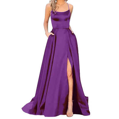 Solid Color Long Slimming Purple Satin Evening Gown