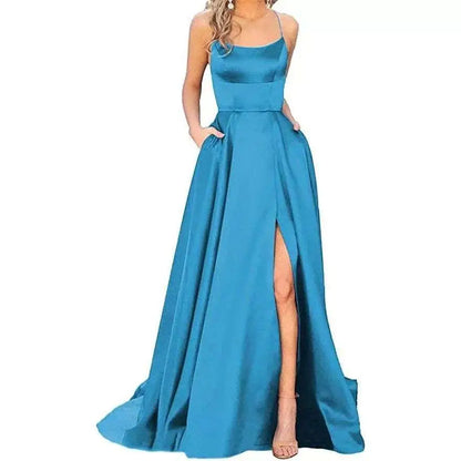 Solid Color Long Slimming Purple Satin Evening Gown