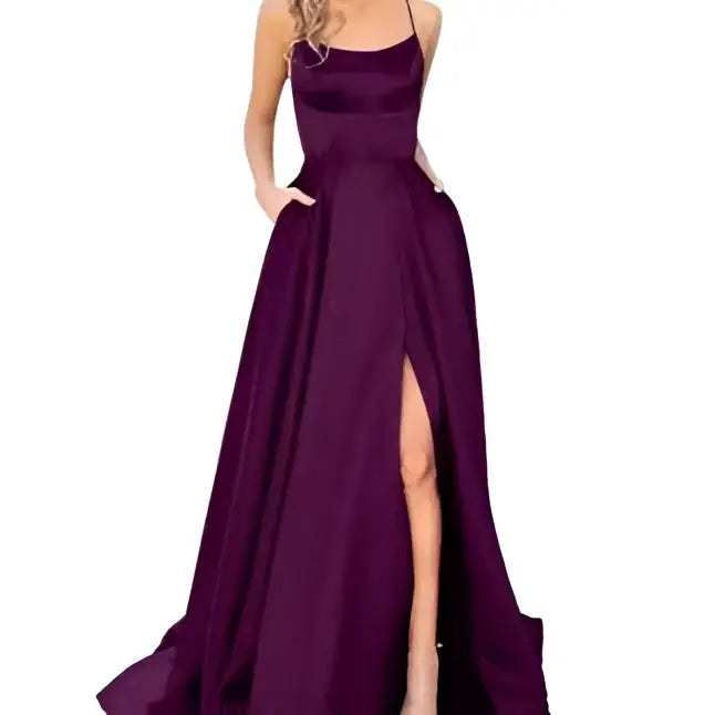 Solid Color Long Slimming Purple Satin Evening Gown