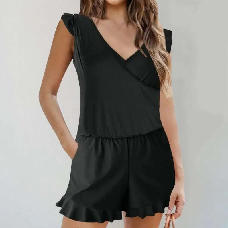 Solid Color Printing Bikini Ruffled Romper Swimwear