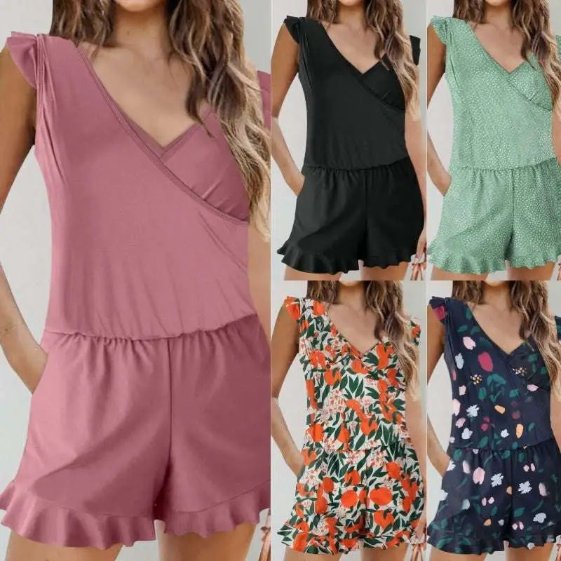 Solid Color Printing Bikini Ruffled Romper Swimwear