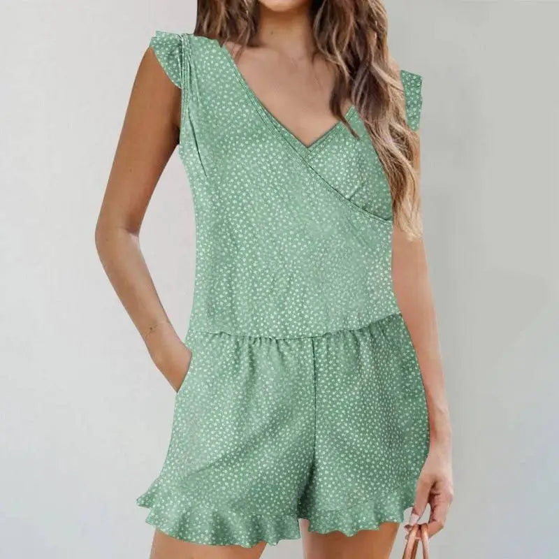 Solid Color Printing Bikini Ruffled Romper Swimwear