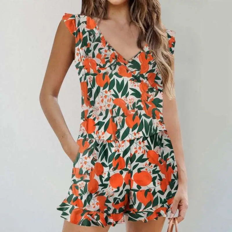 Solid Color Printing Bikini Ruffled Romper Swimwear