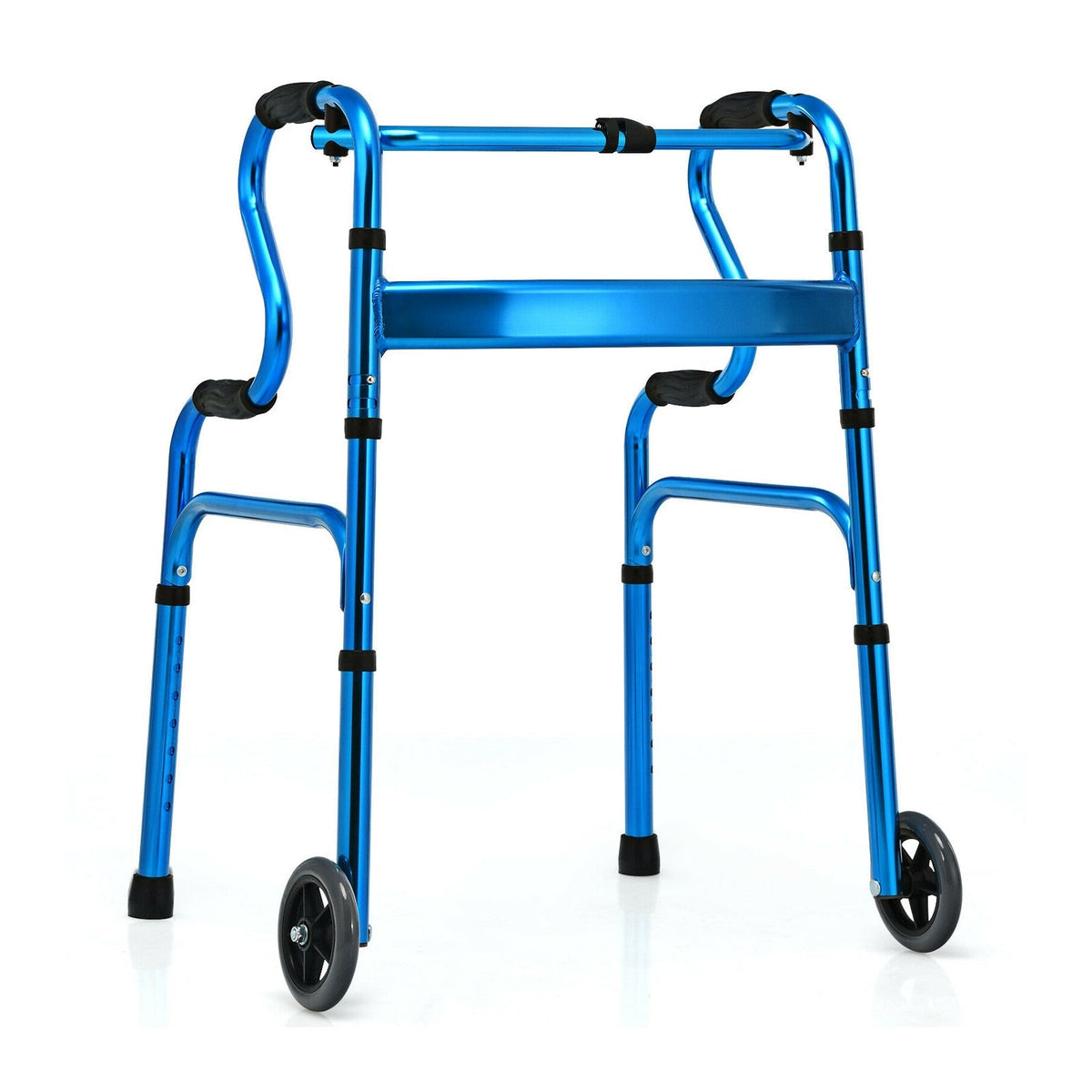 Adjustable Heavy-Duty Folding Walker with Unidirectional Wheels and Bi-Level Armrests-Black
