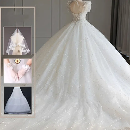 Sparkling Beaded White Wedding Dress with Voluminous Tail