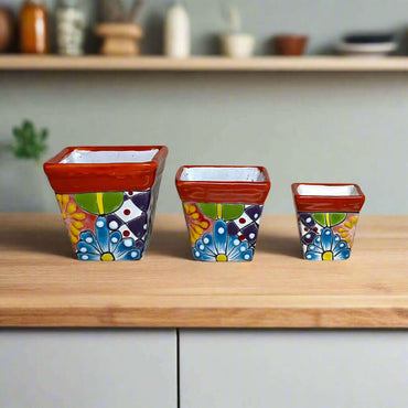 Mini Square Talavera Planter Set | Colorful Mexican Pots